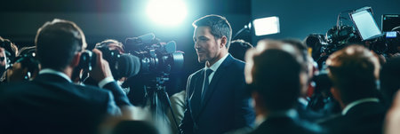Politician stands confidently surrounded by journalists as cameras flash during a lively press conference, clearly making an important statement.の素材