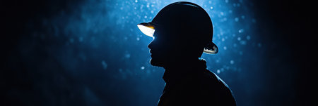 A coal miner stands in darkness, revealing only a silhouette highlighted by the light from the helmet. The atmosphere conveys moisture and depth.の素材
