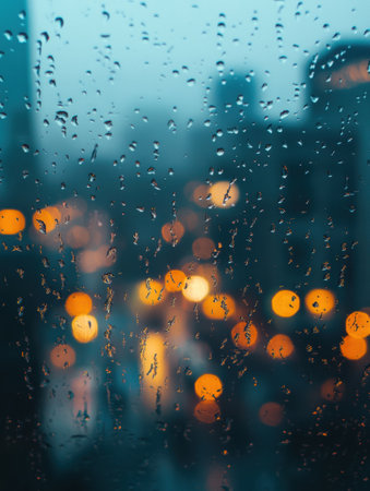 Raindrops cling to a foggy window, offering a blurry view of glowing city lights, creating a calming and nostalgic feeling during the rainy evening.の素材