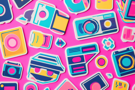 A vibrant set of retro 90s stickers features bold shapes and VHS textures on a lively pink background, ideal for collectors.の素材