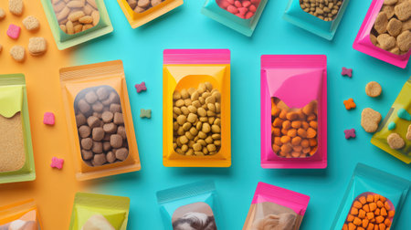 Colorful packaging designs for dry and wet pet food are elegantly arranged in rows, showing various shapes and sizes of pet treats on a bright background.の素材