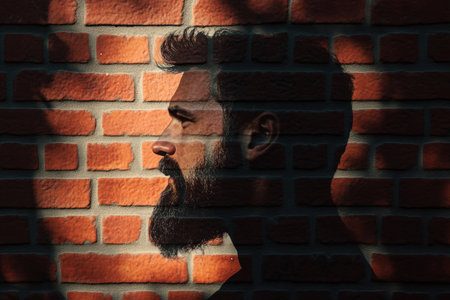 The shadow of a bearded mans head is prominently displayed on a textured brick wall, enriching the urban landscape with contrast and depth.の素材