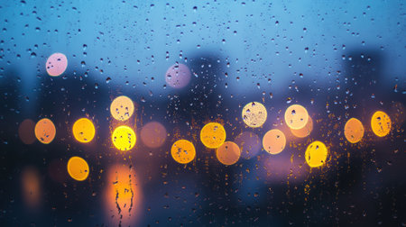 Raindrops clinging to a foggy window, framing dreamy, blurred city lights that evoke a sense of nostalgia during a quiet evening.の素材