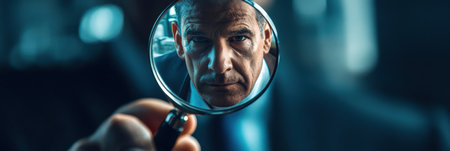 A politician is scrutinized closely through a magnifying glass, emphasizing the critical need for transparency and fact-checking in todayの素材