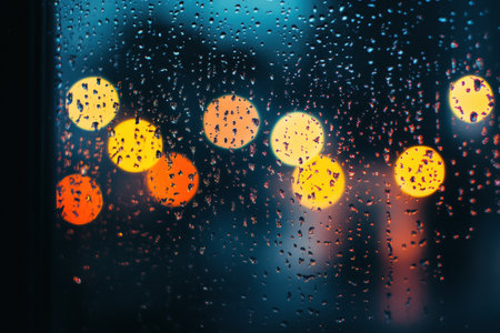Raindrops cling to a foggy window while city lights glow softly in the background, evoking a retro and nostalgic mood on a rainy day.の素材