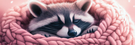 A tiny raccoon rests peacefully in a soft knitted basket, surrounded by soothing pastel hues, reflecting a serene nap time atmosphere.の素材