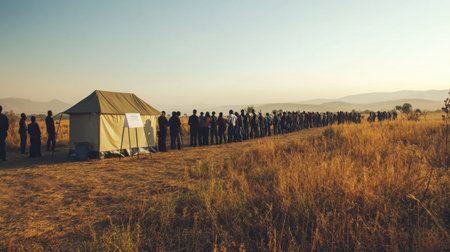 Long line of people waits in a dusty field for their turn to vote at a rural polling station equipped with a ballot box and a tentの素材