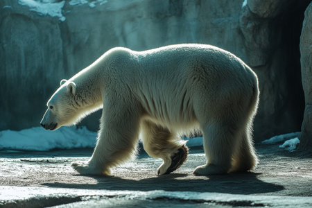 A polar bear is walking slowly in a side view, displaying its smooth fur while the cold light highlights its presence against a snowy backdrop.の素材