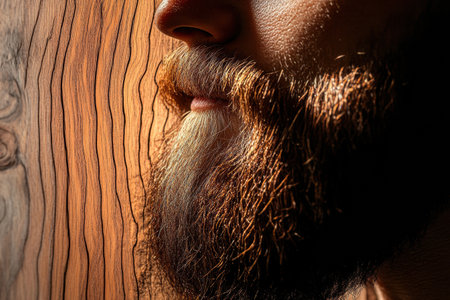 Beard silhouette showcases intricate wood grain texture, blending natural elements with a clean aesthetic that emphasizes artistry in grooming.の素材