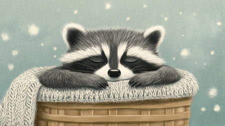 A charming raccoon is peacefully sleeping in a cozy knitted basket surrounded by a serene pastel backdrop, evoking a quiet, snowy moment of rest.の素材