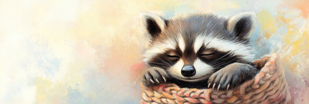 A peaceful raccoon snoozes in a soft, knitted basket surrounded by gentle pastel colors, creating a tranquil and cozy atmosphere for a nap.の素材