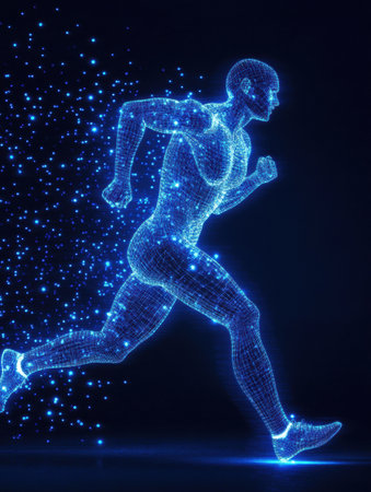 Silhouette of a runner showcases glowing wireframe mesh representing muscle structure, emphasizing speed and motion against a dark backdrop.の素材
