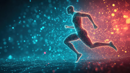 A runner silhouette showcases powerful muscles highlighted by glowing digital mesh while sprinting across a dynamic background of vibrant colors.の素材