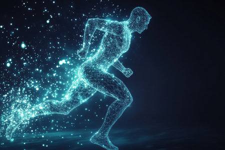 Silhouette of a runner depicted as a vibrant digital wireframe. Muscles illuminated, illustrating dynamic motion and energy during nighttime activity.の素材