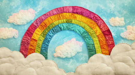 A colorful rainbow archway made of stitched fabric textures rises above soft, fluffy clouds in a bright, serene sky, creating a whimsical atmosphere.の素材