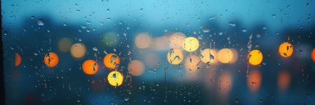 Raindrops cling to a fogged window, creating a soothing backdrop of blurred city lights that evoke feelings of nostalgia on a rainy day.の素材
