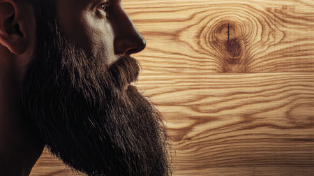 Silhouette showcases a detailed beard filled with natural wood grain texture against a minimalistic background, emphasizing organic elements and artistry.の素材