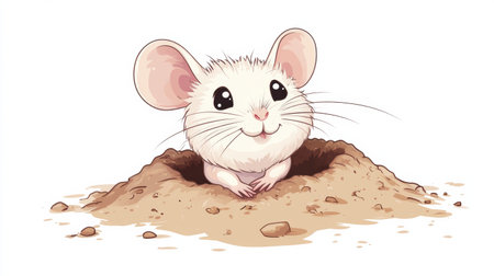 A mouse peeks out from a small burrow with a playful expression, showing its curiosity and charm against a plain white backdrop.の素材