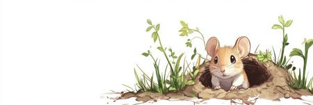 A small mouse shows curiosity while peeking out from its burrow, with fresh greenery sprouting nearby against a clean white backdrop.の素材