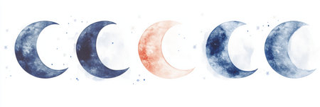 Experience the enchanting transformation of moon phases in soft watercolor gradients, evoking a peaceful celestial atmosphere perfect for night sky lovers.の素材
