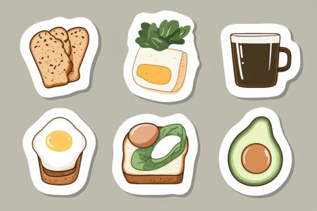Bright and playful food-themed stickers showcase avocado, coffee, toast, and eggs, designed for enhancing kitchens, meal planners, or culinary projects.の素材