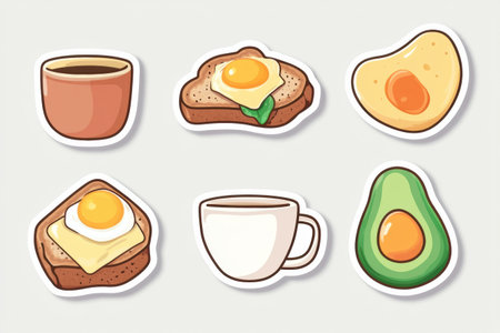 Bright and playful stickers showcase modern food favorites like avocado, coffee, toast, and eggs in a cheerful illustration style.の素材