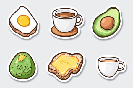 Collection of vibrant stickers depicting favorite foods like avocado, coffee, toast, and eggs perfect for personalizing kitchen items or notebooksの素材