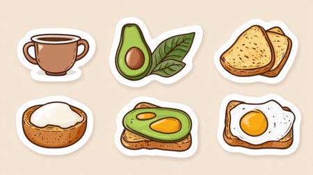 Decorative stickers feature fun illustrations of food items like avocado, coffee, toast, and eggs, ideal for personal projects.の素材