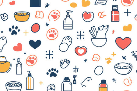 Colorful pattern filled with line art icons representing paw prints, food bowls, grooming items, and hearts, perfect for pet-related themes and designsの素材