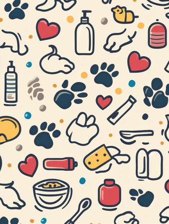 A vibrant pattern showcases line art icons that include paw prints, food bowls, shampoo bottles, hearts, and playful pets, creating a fun pet-themed design.の素材