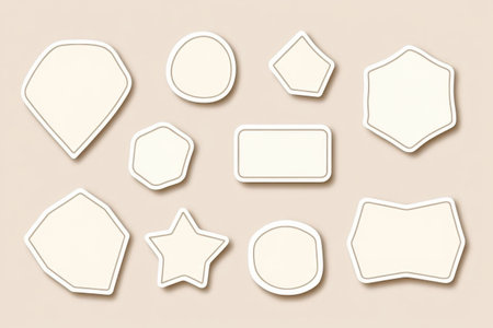 Outlined sticker shapes in stars, hexagons, and circles on a beige background, ideal for crafting and design.の素材