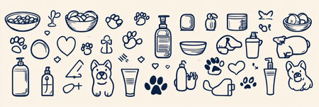 Unique pattern design showcases line art icons of pets with food bowls, shampoo bottles, paw prints, and hearts for a contemporary look in a light background.の素材