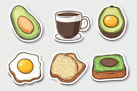 Chic stickers feature breakfast favorites like avocado, coffee, toast, and eggsの素材