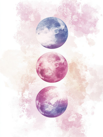 Delicate watercolor art features three moon phases in soothing gradients, embodying serene cosmic energy and a dreamy atmosphere inspired by celestial themes.の素材