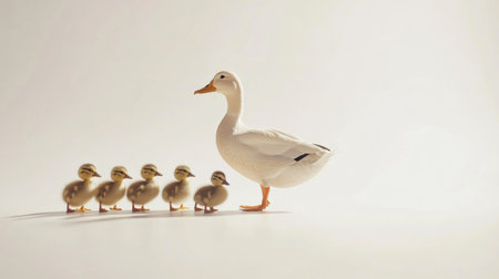 A mother duck strolls with her ducklings behind her, showing their cuteness against a soft pastel backdrop in a serene moment.の素材