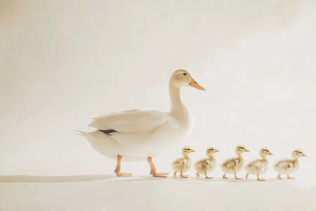 A mother duck leads her six ducklings in a neat row against a white, softly shadowed background, capturing a serene moment of family unity in nature.の素材