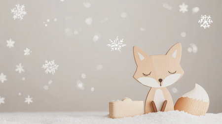 A wooden fox sits peacefully on a bed of faux snow as gentle snowflakes fall, creating a tranquil and minimalistic winter vibe in a cozy indoor space.の素材