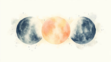 This artwork features a delicate representation of moon phases in a watercolor style with a calming gradient, embodying celestial beauty and tranquility.の素材