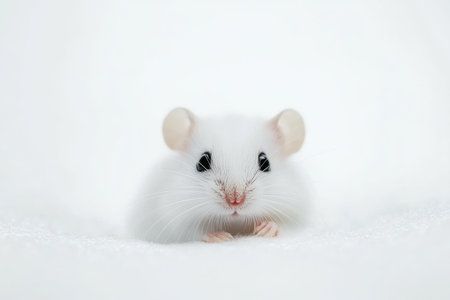 A small white mouse peeks curiously from a tiny burrow, surrounded by a clean, white backdrop, highlighting its delicate features and inquisitive nature.の素材