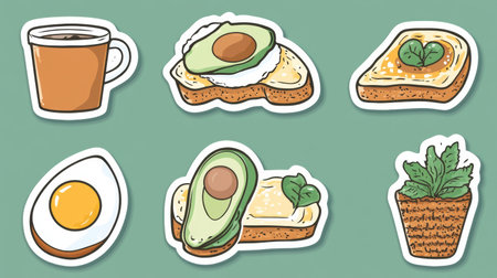 Colorful breakfast food stickers featuring avocado toast, coffee, eggs, and herbs, perfect for food lovers and creatives!の素材