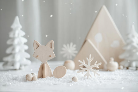 A charming wooden fox rests on a snowy surface, accompanied by delicate snowflakes and minimalistic winter-themed decorations, creating a serene atmosphere.の素材