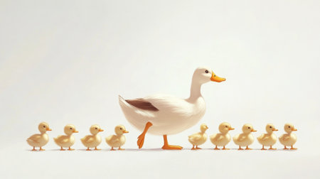 A mother duck walks proudly, leading her line of ducklings on a tranquil day, with a soft white background enhancing their adorable presence.の素材