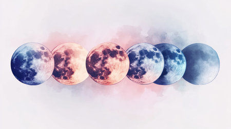 Watercolor gradient artwork showing various moon phases in serene hues, evoking celestial vibes during the twilight hours.の素材