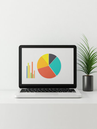 Bright laptop shows a vibrant pie chart on its screen while resting on a clean, minimal desk with a small plant nearby, enhancing workspace aesthetics.の素材