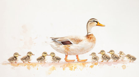 A mother duck walks gracefully with her ducklings lined up behind her against a soft pastel background, showcasing a peaceful moment in nature.の素材
