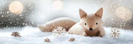 A wooden fox lies quietly on a bed of snow, surrounded by falling snowflakes, creating a peaceful winter atmosphere with gentle snowfall.の素材