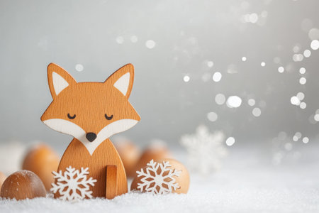 A charming wooden fox is surrounded by softly falling snowflakes and wooden elements, creating a tranquil winter atmosphere in a minimalistic setting.の素材