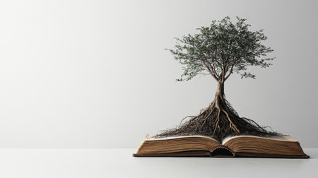 An old book lies open with roots emerging from its pages, visually representing the deep relationship between knowledge and natures growth in a quiet setting.の素材