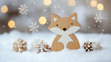 A wooden fox sits amidst snowflakes falling softly in a serene winter environment, evoking a feeling of warmth and nostalgia during the cold season.の素材