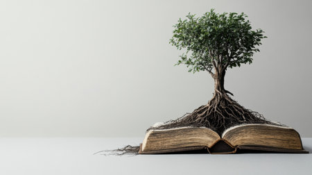 Old book sits open with tree roots emerging from its pages, illustrating the profound bond between knowledge and nature in a creative display.の素材